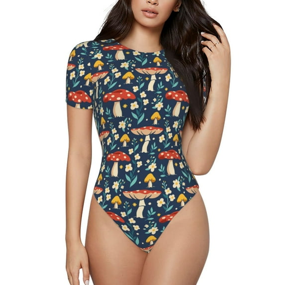 Haiem Colorful Mushrooms Women's Crew Neck Short Sleeve Bodysuit Tops Stretchy Slim Basic-Medium