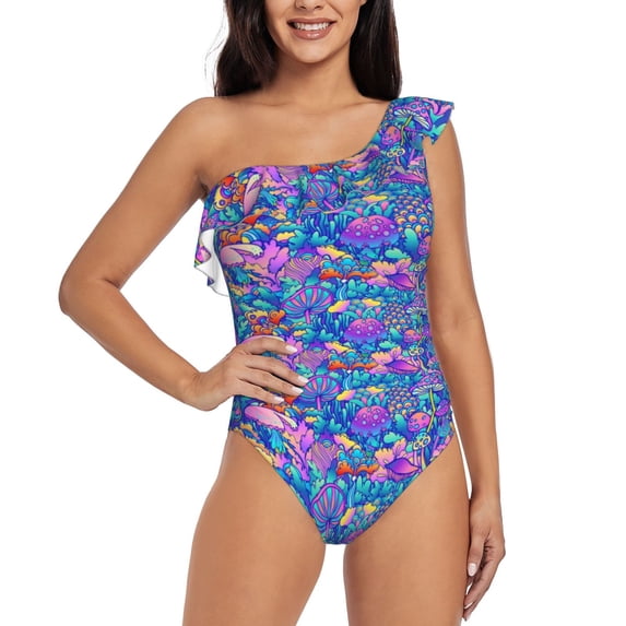 Haiem Colorful Mushrooms Women's One Piece Swimsuits Tummy Control One Shoulder Bathing Suits Ruffle Swimwear-XX-Large