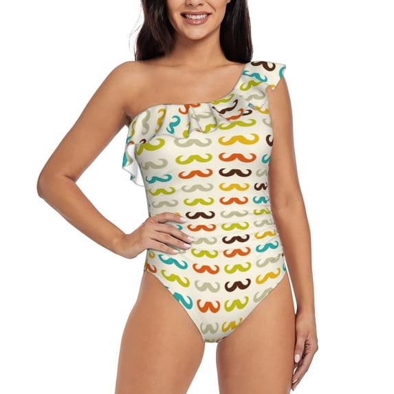 Haiem Colorful Mustache Women's One Piece Swimsuits Tummy Control One Shoulder Bathing Suits Ruffle Swimwear-Large