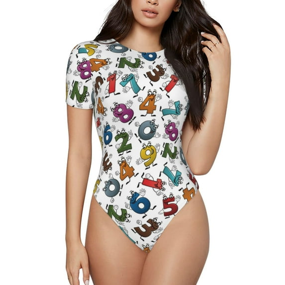 Haiem Colorful Numbers Women's Crew Neck Short Sleeve Bodysuit Tops Stretchy Slim Basic-XX-Large