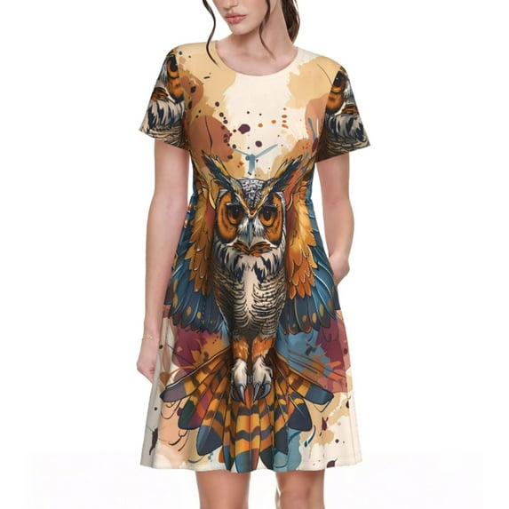 Haiem Colorful Owl Tattoo Art Pattern Women's Short-Sleeve Scoop Neck Swing Dress
