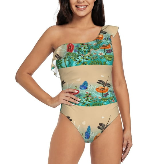 Haiem Colorful Plants And Insects Women's One Piece Swimsuits Tummy Control One Shoulder Bathing Suits Ruffle Swimwear-Large