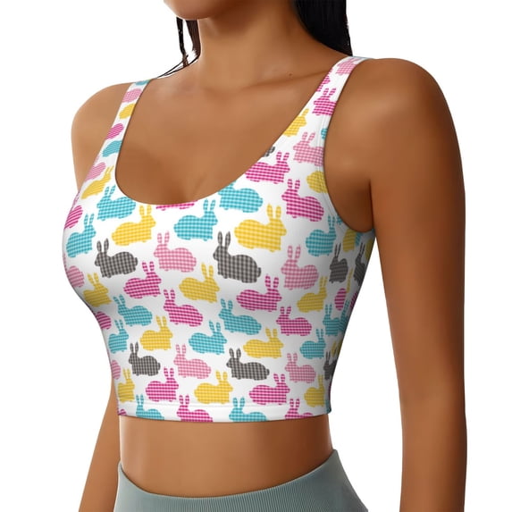 Haiem Colorful Rabbit Pattern Womens Sports Bra - U Neck Padded Low Impact Yoga Bra Workout Crop Top Gym Moisture-Wicking Workout Vest -Medium