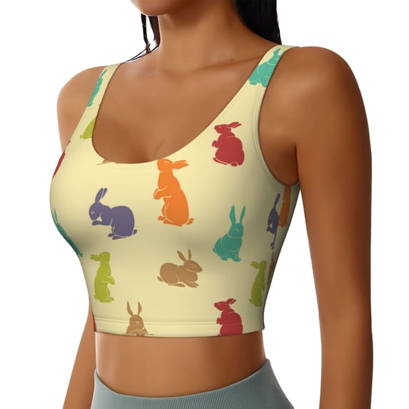 Haiem Colorful Rabbit Pattern Womens Sports Bra - U Neck Padded Low Impact Yoga Bra Workout Crop Top Gym Moisture-Wicking Workout Vest -Small