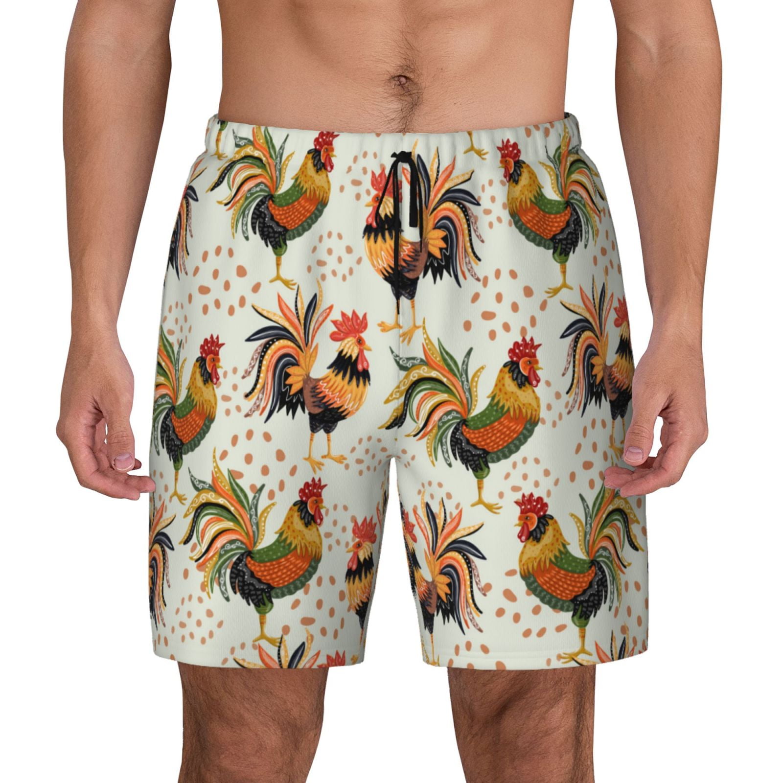 Haiem Colorful Roosters Mens Swim Trunks with Compression Liner 2 in 1