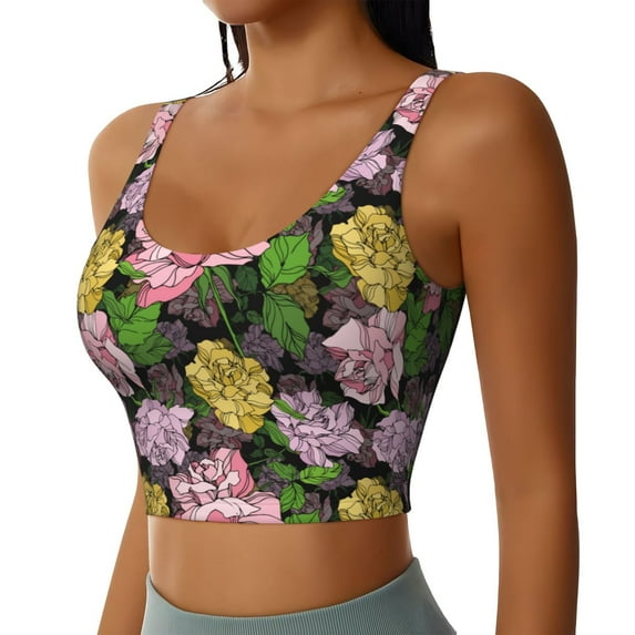 Haiem Colorful Roses Pattern Womens Sports Bra - U Neck Padded Low Impact Yoga Bra Workout Crop Top Gym Moisture-Wicking Workout Vest -Medium