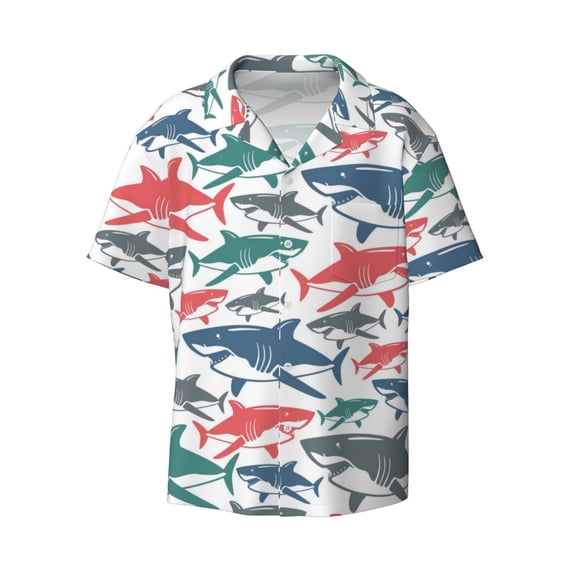 Haiem Colorful Shark Men's Casual Shirts Short Sleeve Button Down Shirts Fashion Textured Summer Beach Shirt-XX-Large