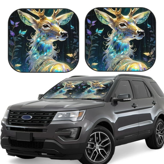 Haiem Colorful Stained Glass Deer Car Windshield Sun Shade (2 Pieces) Foldable Windshield Sun Shade Car Accessories for Truck SUV Pickup-Medium