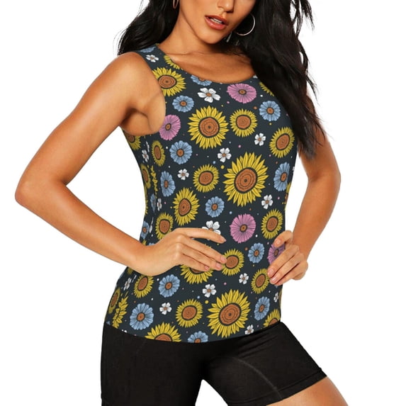 Haiem Colorful Sunflowers Workout Tank Tops for Women, Athletic Sports Slim-Fit Tank Tops, Compression Sleeveless Dry Fit Shirts,Athletic Shirt-Large