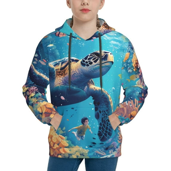 Haiem Colorful Underwater Plant Turtle Pattern Boys Hoodie, Youth Pullover Hooded Sweatshirt, Kangaroo Pocket Hoodie for Kids Girls -X-Large