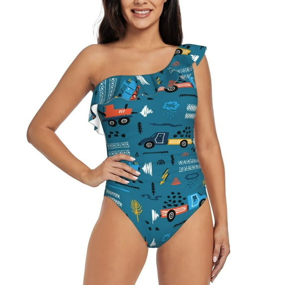 Haiem Construction Trucks Women's One Piece Swimsuits Tummy Control One Shoulder Bathing Suits Ruffle Swimwear-Large