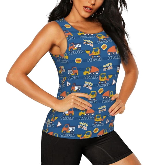 Haiem Construction Vehicles Workout Tank Tops for Women, Athletic Sports Slim-Fit Tank Tops, Compression Sleeveless Dry Fit Shirts,Athletic Shirt-Medium