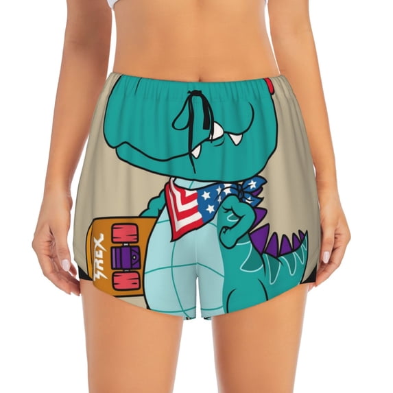 Haiem Cool Dino Playing Skateboard Women's 2 in 1 Running Shorts - Lightweight Athletic Workout Gym Yoga Breathable Sports Shorts Liner with Phone Pockets-Small