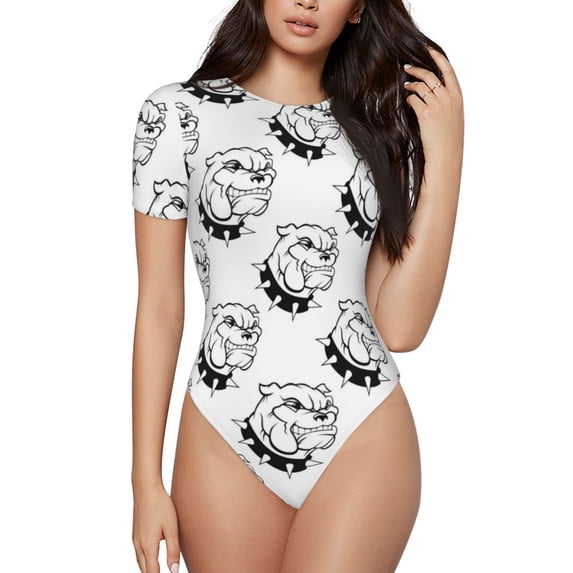 Haiem Cool Dog Women's Crew Neck Short Sleeve Bodysuit Tops Stretchy Slim Basic-Small
