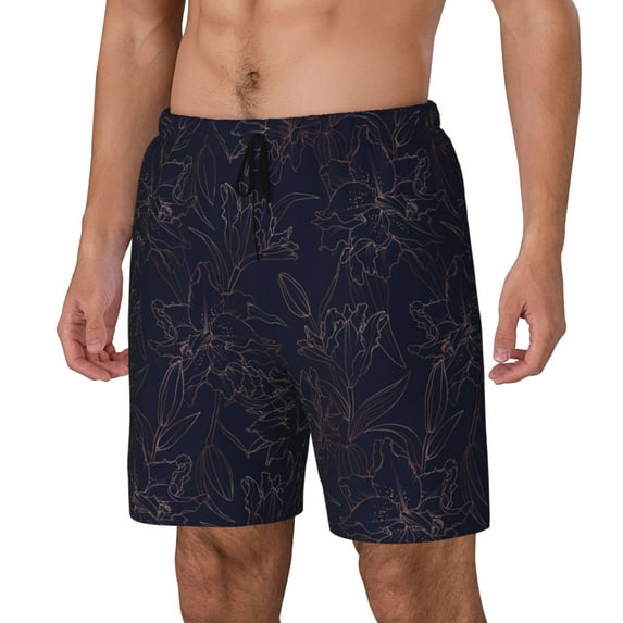 Haiem Copper-Gold Gloss Outline Flower1 Mens Swim Trunks with Compression Liner 2 in 1 Swimming Shorts Stretch Swimwear Quick Dry,Board Shorts-Large