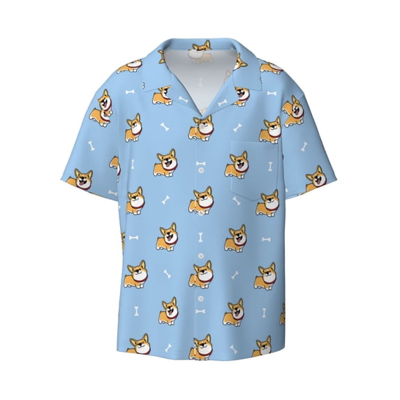 Haiem Corgi Dog Men's Casual Shirts Short Sleeve Button Down Shirts Fashion Textured Summer Beach Shirt-Medium