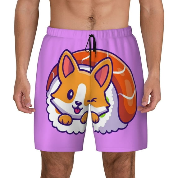 Haiem Corgi In Sushi Roll Mens Swim Trunks with Compression Liner 2 in 1 Swimming Shorts Stretch Swimwear Quick Dry,Board Shorts-3X-Large