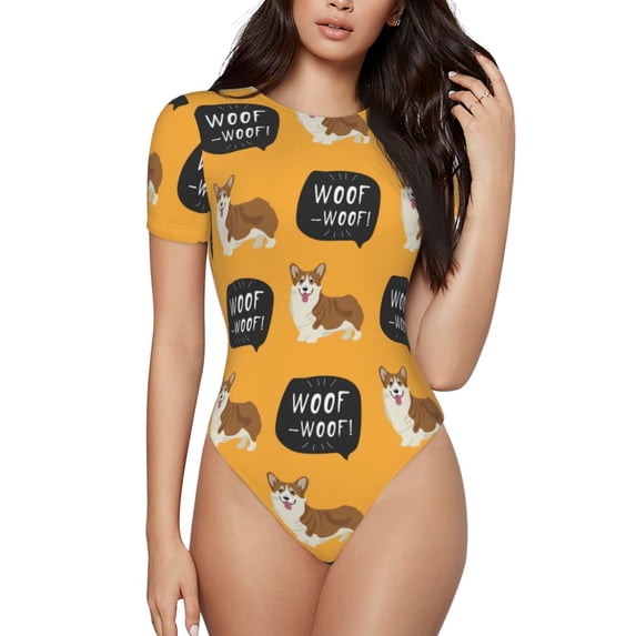 Haiem Corgi Women's Crew Neck Short Sleeve Bodysuit Tops Stretchy Slim Basic-X-Large