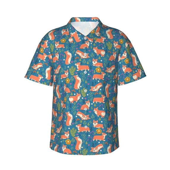 Haiem Corgi with Flowers Printed Hawaiian Shirt for Men - Men’s Casual Beach Summer Shirts - Stretch Fabric with Modern Fit-Small