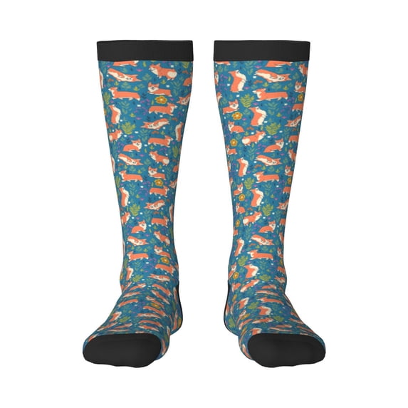 Haiem Corgi with Flowers Socks, Funny Novelty Crazy Design Cotton Socks Sports Socks Knee High Socks For Men, Women,1Pairs - Gift For Working Friends
