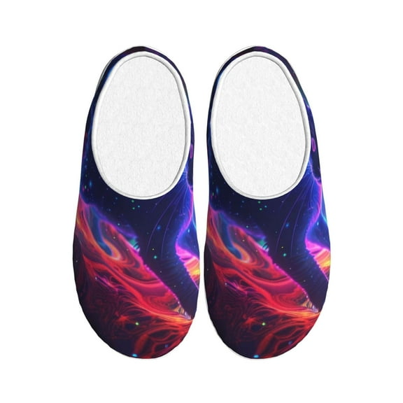 Haiem Cosmic Cat Psychedelic Journey Print Women's Fuzzy Memory Foam House Slipper Cozy Home Footwear Non-slip Winter Slippers-46/47