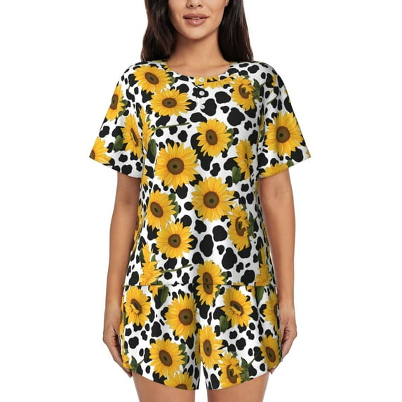 Haiem Cow Print Sunflower Pattern Pajama Set for Women 2 Piece Lounge Set Short Sleeve Tops and Shorts Soft Sleepwear-Medium