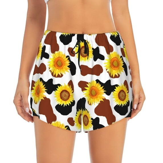Haiem Cow Print Sunflower Women's 2 in 1 Running Shorts - Lightweight Athletic Workout Gym Yoga Breathable Sports Shorts Liner with Phone Pockets-Large