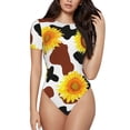 thumbnail image 1 of Haiem Cow Print Sunflower Women's Crew Neck Short Sleeve Bodysuit Tops Stretchy Slim Basic-Medium, 1 of 9