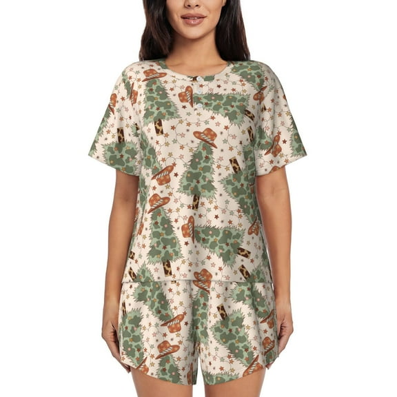 Haiem Cowboy Christmas Trees Pattern Pajama Set for Women 2 Piece Lounge Set Short Sleeve Tops and Shorts Soft Sleepwear-Small