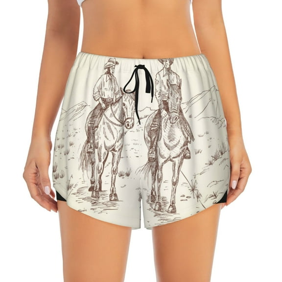 Haiem Cowboys Riding Horses In Desert Women's 2 in 1 Running Shorts - Lightweight Athletic Workout Gym Yoga Breathable Sports Shorts Liner with Phone Pockets-Small