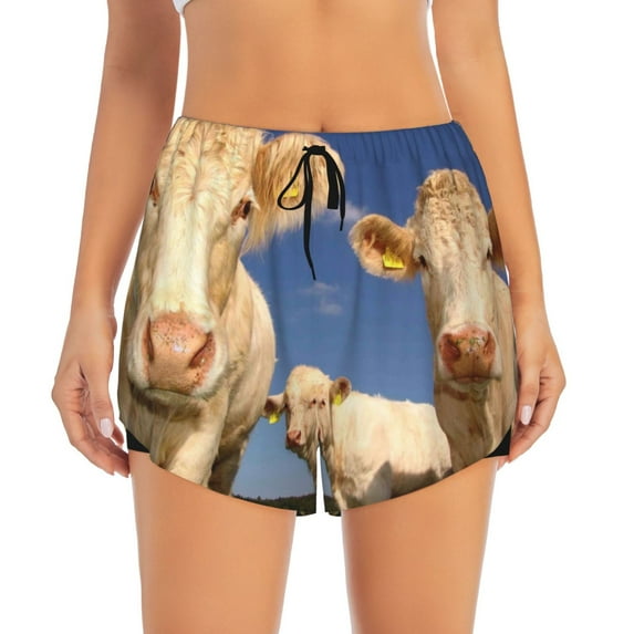 Haiem Cows Cattles Women's 2 in 1 Running Shorts - Lightweight Athletic Workout Gym Yoga Breathable Sports Shorts Liner with Phone Pockets-Medium