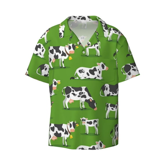 Haiem Cows With Calfs Green Men's Casual Shirts Short Sleeve Button Down Shirts Fashion Textured Summer Beach Shirt-Large