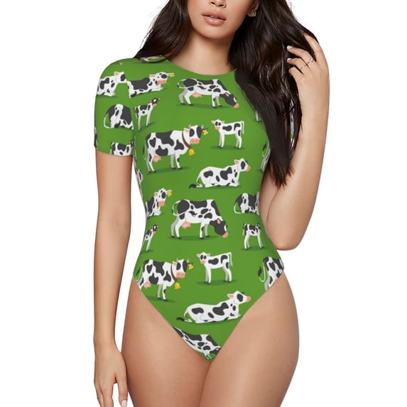 Haiem Cows With Calfs Green Women's Crew Neck Short Sleeve Bodysuit Tops Stretchy Slim Basic-X-Large