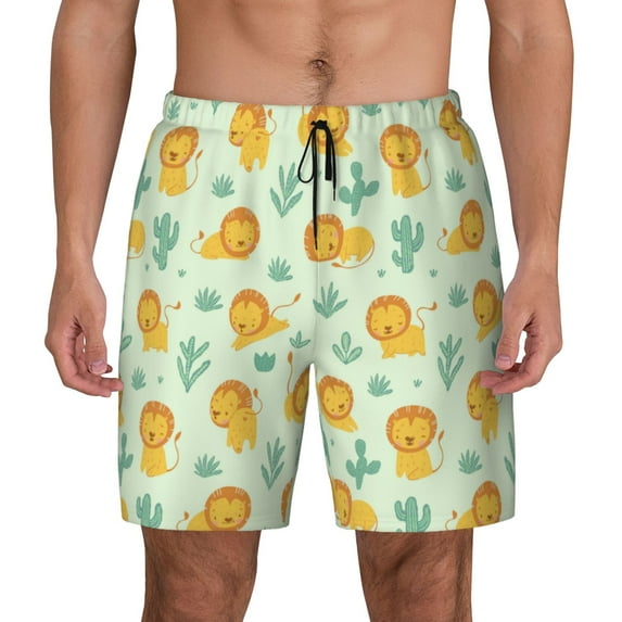 Haiem Cute Baby Lion Mens Swim Trunks with Compression Liner 2 in 1 Swimming Shorts Stretch Swimwear Quick Dry,Board Shorts-X-Large