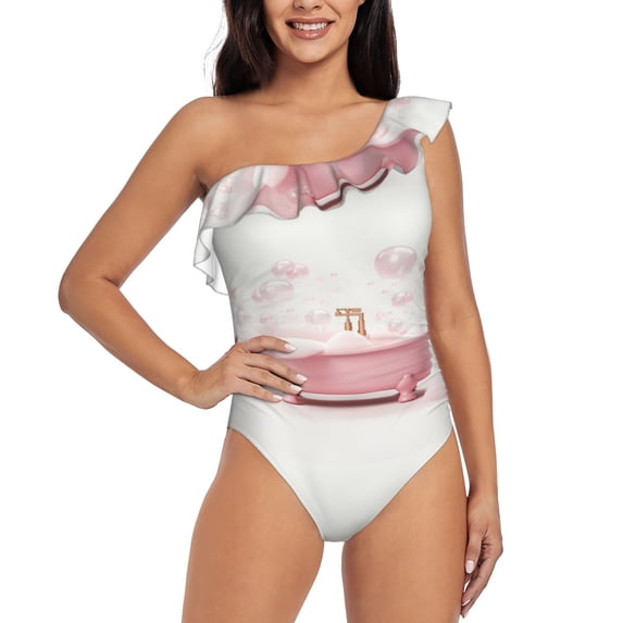 Haiem Cute Bathtub Women's One Piece Swimsuits Tummy Control One Shoulder Bathing Suits Ruffle Swimwear-Medium