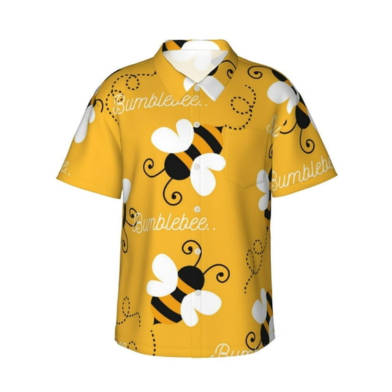 Haiem Cute Bee Butterfly Yelllow Printed Hawaiian Shirt for Men - Men’s Casual Beach Summer Shirts - Stretch Fabric with Modern Fit-XX-Large