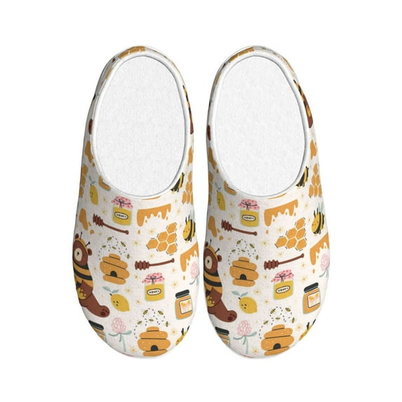 Haiem Cute Bee Honey Jar Hive Bear Print Women's Fuzzy Memory Foam House Slipper Cozy Home Footwear Non-slip Winter Slippers-44/45