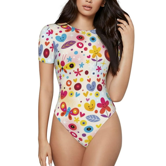 Haiem Cute Butterfly Flowers Women's Crew Neck Short Sleeve Bodysuit Tops Stretchy Slim Basic-X-Large
