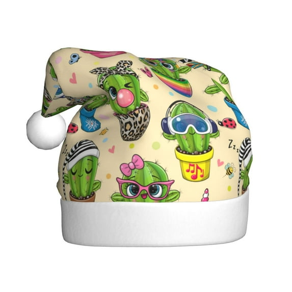 Haiem Cute Cartoon Cactus Pattern Santa Hat Confortable Velvet Christmas Hat for Christmas Party Favors Fit for Adults Men Women