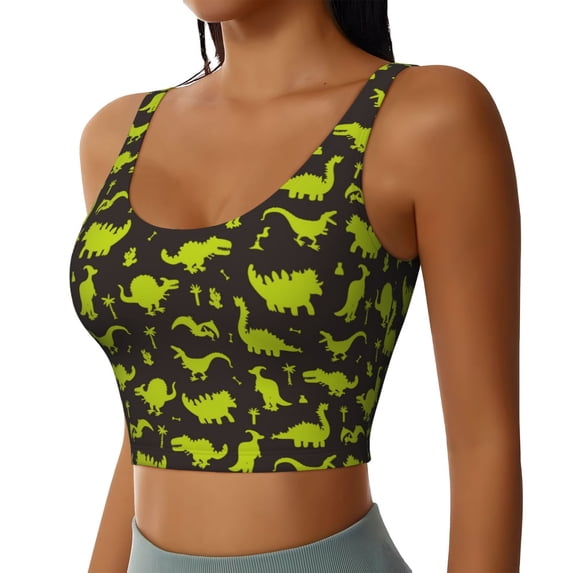 Haiem Cute Cartoon Dinosaurs Green Silhouette Pattern Pattern Womens Sports Bra - U Neck Padded Low Impact Yoga Bra Workout Crop Top Gym Moisture-Wicking Workout Vest -