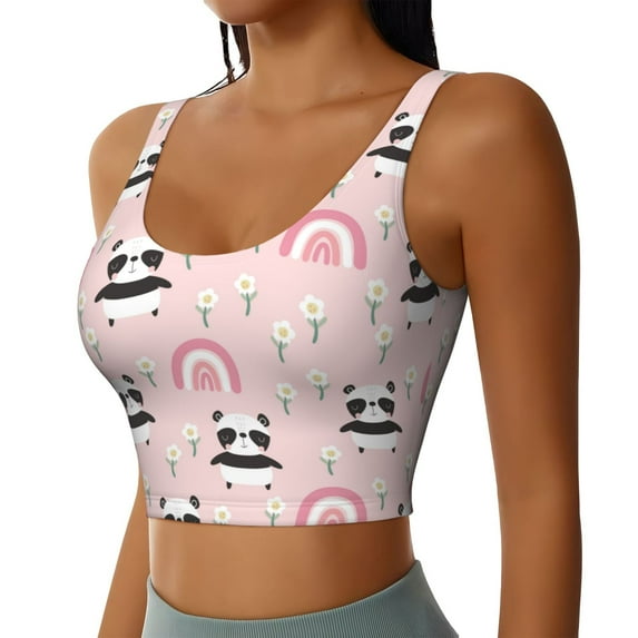 Haiem Cute Cartoon Panda Pattern Womens Sports Bra - U Neck Padded Low Impact Yoga Bra Workout Crop Top Gym Moisture-Wicking Workout Vest -XX-Large