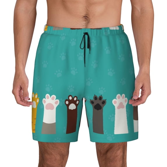 Haiem Cute Cat Paw And Dog Mens Swim Trunks with Compression Liner 2 in 1 Swimming Shorts Stretch Swimwear Quick Dry,Board Shorts-Small