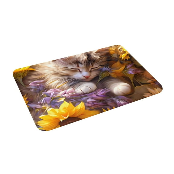 Haiem Cute Cat Sunflower Front Door Mat Indoor Outdoor Entrance, Waterproof All-Season, All-Weather Doormat, Durable Flannel Fabric, Fade Resistant, Low Profile, 16x24in