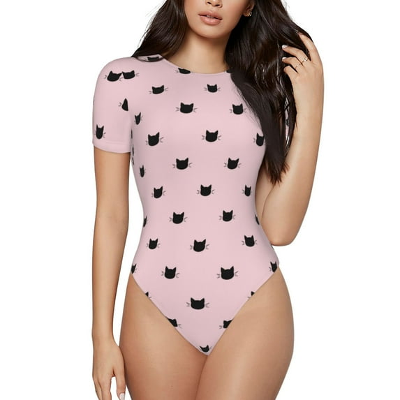 Haiem Cute Cat Women's Crew Neck Short Sleeve Bodysuit Tops Stretchy Slim Basic-Large