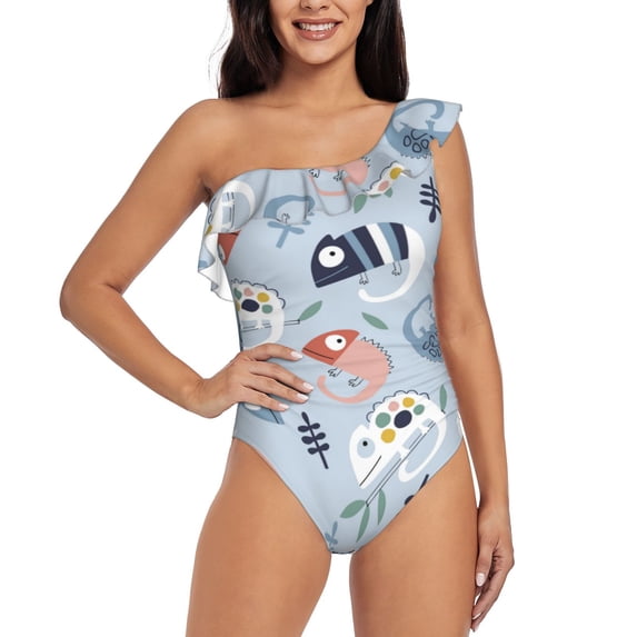 Haiem Cute Chameleons On Blue Women's One Piece Swimsuits Tummy Control One Shoulder Bathing Suits Ruffle Swimwear-XX-Large