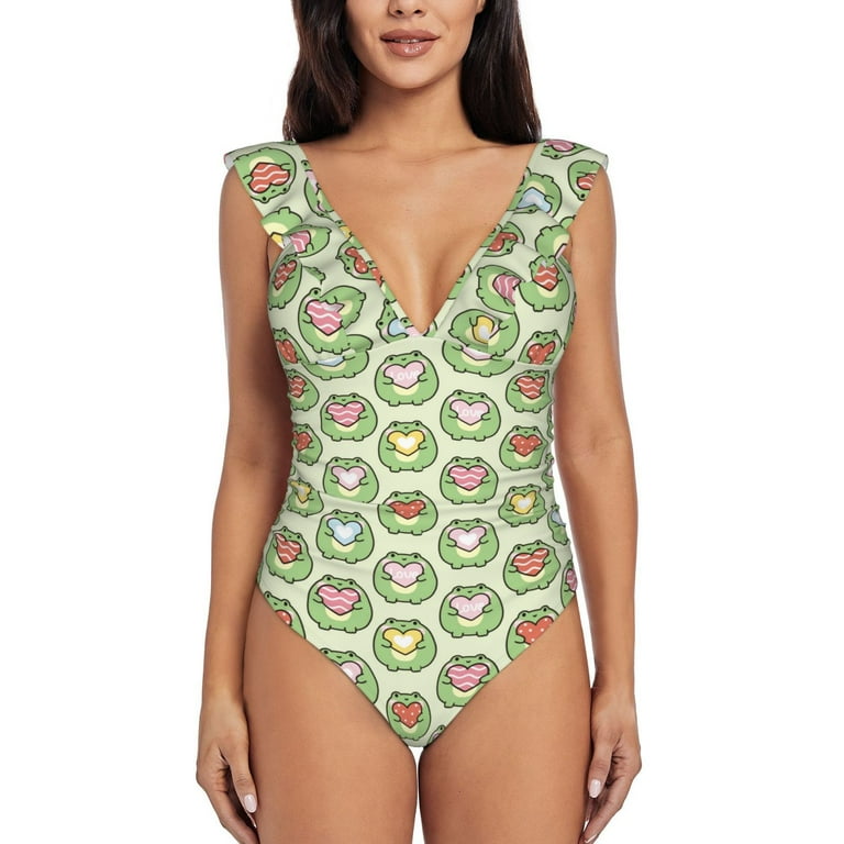 Haiem Cute Chubby Frog Women s Ruffle One Piece Swimsuits Tummy Control Bathing Suit V Neck Swimwear Slimming for Teen Girls Large Walmart