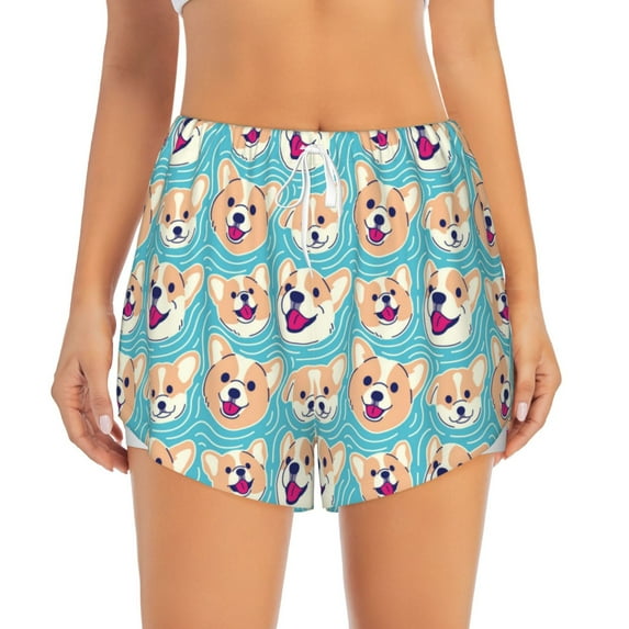 Haiem Cute Corgi Head Women's 2 in 1 Running Shorts - Lightweight Athletic Workout Gym Yoga Breathable Sports Shorts Liner with Phone Pockets-X-Large