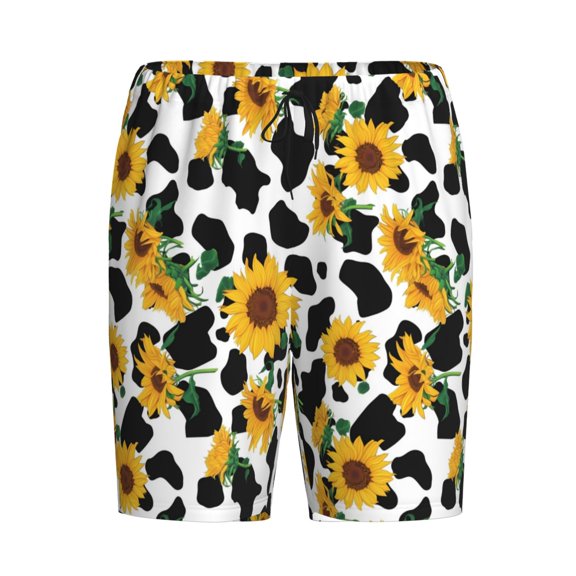 Haiem Cute Cow Print Sunflower A Men's Pajama Short with Soft Woven Cotton Elastic Waistband Sleep Short-Small