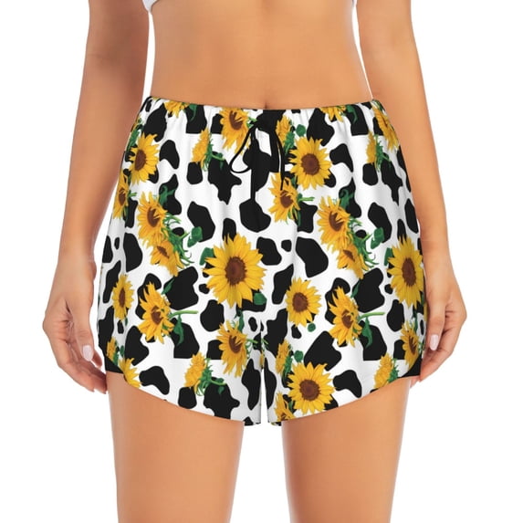 Haiem Cute Cow Print Sunflower A Women's 2 in 1 Running Shorts - Lightweight Athletic Workout Gym Yoga Breathable Sports Shorts Liner with Phone Pockets-Small