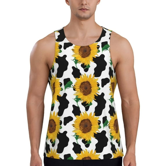 Haiem Cute Cow Print Sunflower B Men Workout Tank Top Gym Bodybuilding Sleeveless Muscle T Shirts Athletic Tank Breathable Workout Shirt-XX-Large